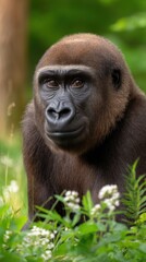 Fototapeta premium Portrait of a thoughtful gorilla looking at the camera from behind green grass and small white flowers in a forest