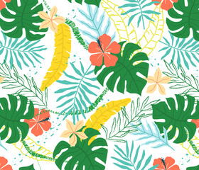 Seamless tropical floral pattern with colorful leaves and hibiscus flowers. Suitable for textile, wrapping paper, wallpapers, or surface design.
