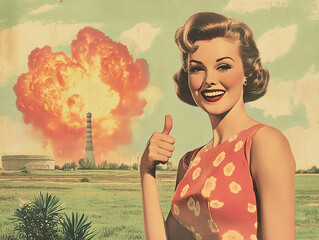 Vintage style advertisement with a smiling woman and an explosion in the background.