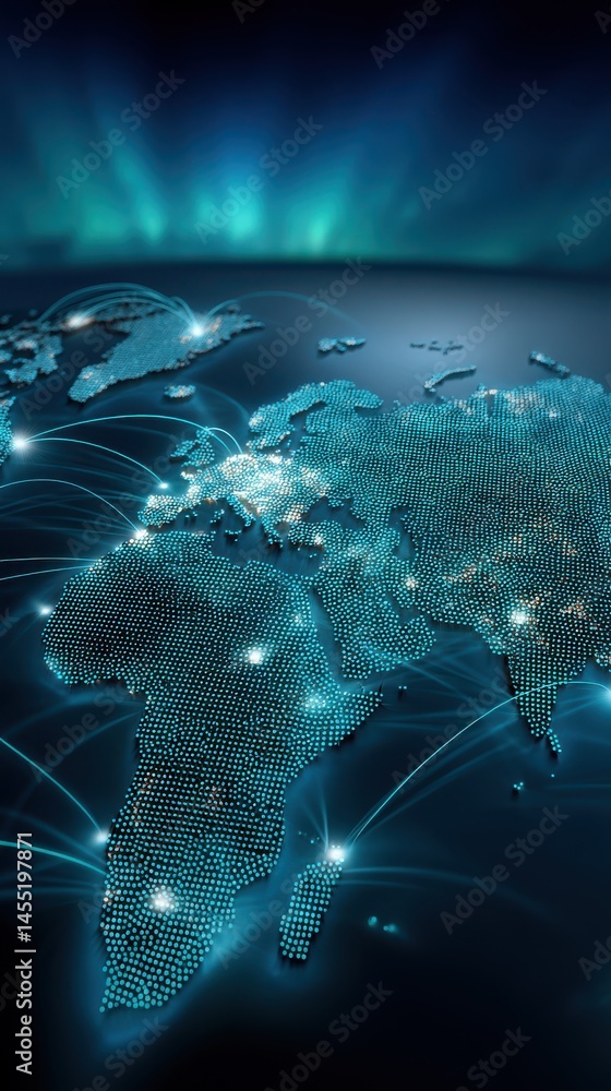 Poster abstract world map formed from glowing dots with network connection lines representing global connec