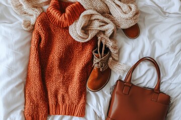 Warm autumnal outfit laid flat on white sheets.  A cozy rust-colored sweater, cream-colored shawl, brown leather boots, and a brown tote bag