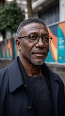 Naklejka premium Professional-looking African-American man with glasses in stylish outerwear looking thoughtful
