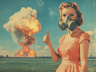Vintage style advertisement with a smiling woman and an explosion in the background.