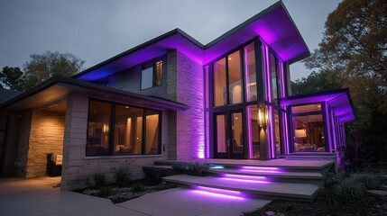 Exterior modern home illuminated with vibrant purple lights.