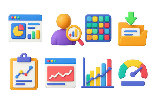 3D icon set of education data analytics: course stats dashboard, learner behavior icon, activity heatmap, data export, test trends, graph analysis, usage chart, performance index.