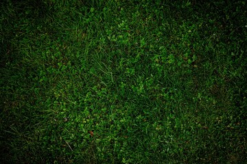 Dark green grass with small clover-like leaves mixed in. The texture is dense and somewhat uneven. 