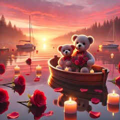 Teddy bear couple in boat at sunset