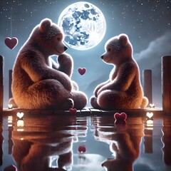 Teddy bear couple under full moon