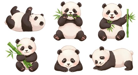 Fototapeta premium Adorable Panda Bear Illustrations Set Bamboo Eating Playing Cute Animals Cartoon Characters Design