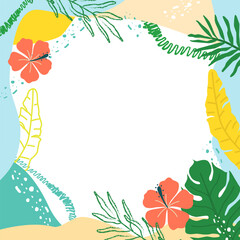 Square tropical summer card with floral decor and wavy abstract elements. Suitable for invitations, seasonal posters, or online announcements.