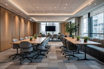Fototapeta premium Versatile Functional Meeting Space with Adaptable Tables and Seating Options