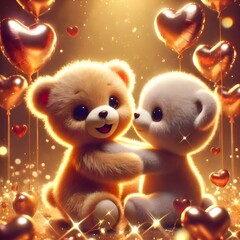 Fluffy teddy bears with glowing hearts