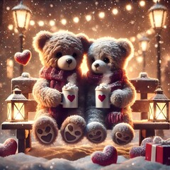 Teddy bear family under romantic lights