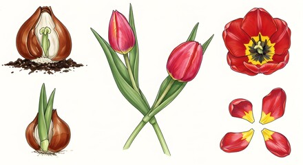 Red Tulip Growth Stages Botanical Illustration Showing Bulb Sprout Bloom Petals
