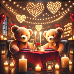 Romantic dinner of teddy bears with fairy lights