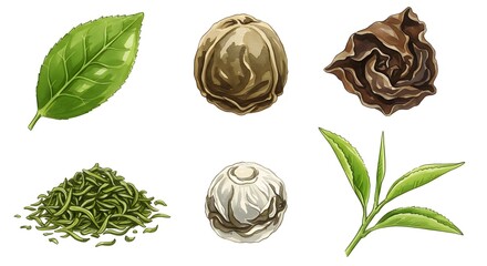 Assorted Tea Leaves and Tea Balls Green Black White Tea Brewing Herbal Beverage