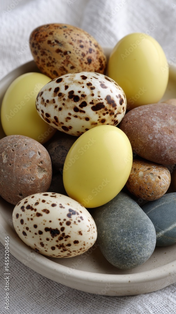 Aufkleber assorted speckled eggs and smoothed rocks are arranged in a shallow bowl, creating a natural color p