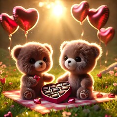 Teddy bears exchanging chocolate and hearts