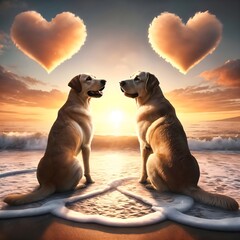 Dogs in love watching sunset