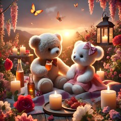 Romantic dinner date with teddy bears