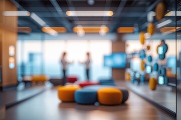 Fototapeta premium Blurry Corporate Training Area with Interactive Elements and Soft Light Effect