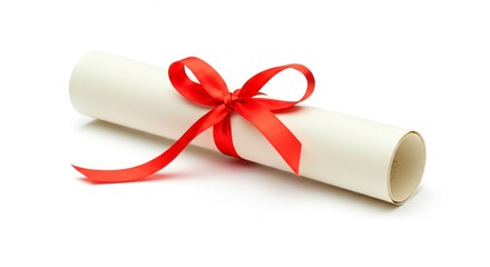 Rolled certificate tied with a red ribbon on a white background in a studio shot with soft lighting