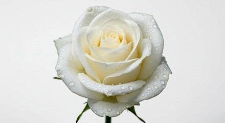 A close up shot of a white rose with water droplets on its petals against a white background studio shot