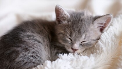Obraz premium cute little gray kitten sleeps on fur white blanket