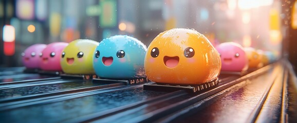 Cute, colorful, round characters moving on a track
