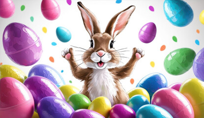 ​Adorable Easter Bunny Surrounded By Numerous Vibrantly Colored Easter Eggs, Capturing The Joy And Festivity Of The Easter Celebration.	
