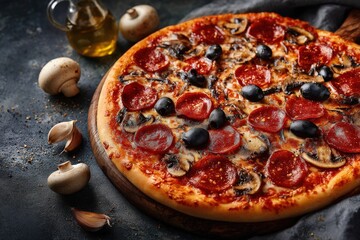 A delicious pepperoni pizza with mushrooms and olives, perfect for a casual dinner or sharing with friends.