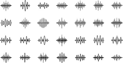 Sound waves flat line icons set. Vibration, soundwave, audio voice signal, abstract waveform frequency vector illustrations. Outline pictogram for music app. Editable Strokes
