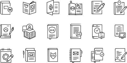 Brochure line icons set. Flyer leaflet, catalogue, booklet, magazine, letterhead, open book and other polygraphy vector illustration. Outline signs for print shop. Editable Stroke