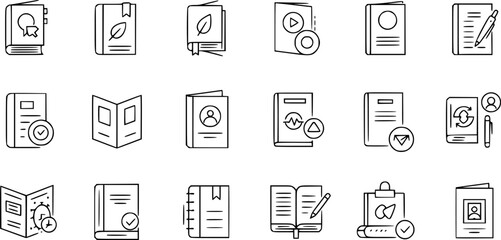Brochure line icons set. Flyer leaflet, catalogue, booklet, magazine, letterhead, open book and other polygraphy vector illustration. Outline signs for print shop. Editable Stroke