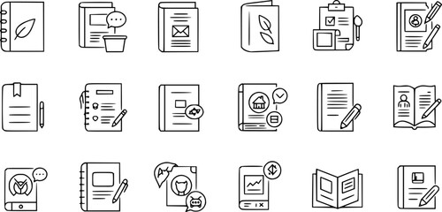 Brochure line icons set. Flyer leaflet, catalogue, booklet, magazine, letterhead, open book and other polygraphy vector illustration. Outline signs for print shop. Editable Stroke