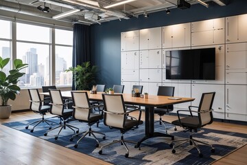 Refined Creative Workshop Setting with Adaptable Presentation Wall and Business Furniture