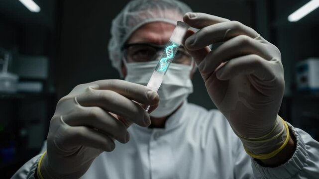 Scientist holding a DNA sample in a glass tube in a laboratory setting, symbolizing genetic research, molecular biology, and cutting-edge scientific innovation in the field of biotechnology and health