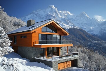 Modern mountain cabin with large windows and scenic snowy peaks in background