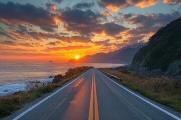 Long road disappearing into sunset horizon with dramatic clouds