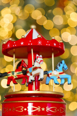 Decorative Carousel with Horses.Close-Up of Vintage Carousel Horse Ornament. 