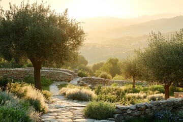 Obraz premium Olive tree growing on rocky hill in golden light of sunset