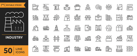 Industry line icon set. Containing  factory, assembly line, manufacturing, machinery, conveyor belt, welding, robotics, automation, engineering, gears, and more. Editable stroke. Vector illustration