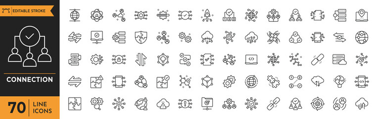 Connection line icon set. Containing network, join, collaboration, connectivity, interaction, cable, integration, connection, and more. Editable stroke. Vector illustration