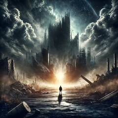 Lone figure approaching burning dystopian city
