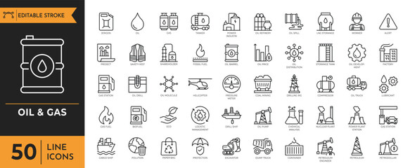 Oil & Gas line icon set. Containing fuel, refinery, petroleum, oil well, gas pump, offshore platform, lubricant, oil barrel and more. Editable stroke. Vector illustration