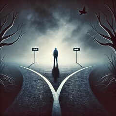 Man standing at fork in surreal road under threat