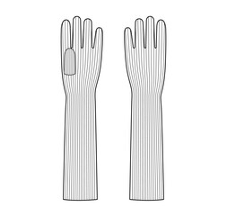 Knit Wool Gloves Three-Quarter length Fashion hand accessory clothing technical illustration garment. Vector front palm back view for Men women unisex style flat template CAD mockup sketch on white
