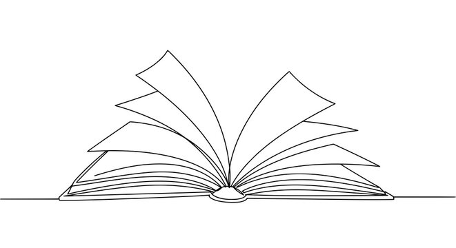 Libro abierto dibujado con una sola l&iacute;nea continua, ilustraci&oacute;n vectorial minimalista en fondo blanco svg