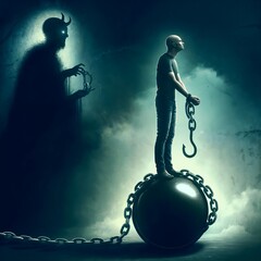 Silhouette in chains holding a rose under spotlight