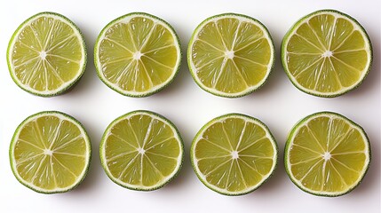 Fresh juicy limes sliced perfectly arranged on white background food life diet tart fruit green still